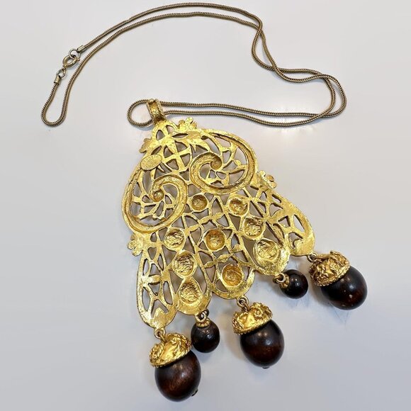 Vintage KJL Necklace: Etruscan Kenneth Jay Lane Pendant Statement Gold 70s - Picture 5 of 5